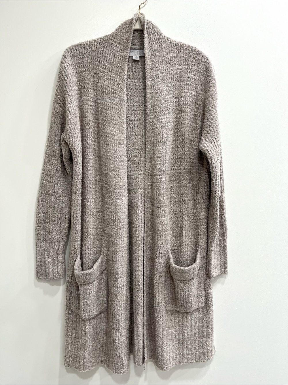 Barefoot Dreams CozyChic Lite Long Weekend Cardi Waffle Knit Pockets Taupe Small